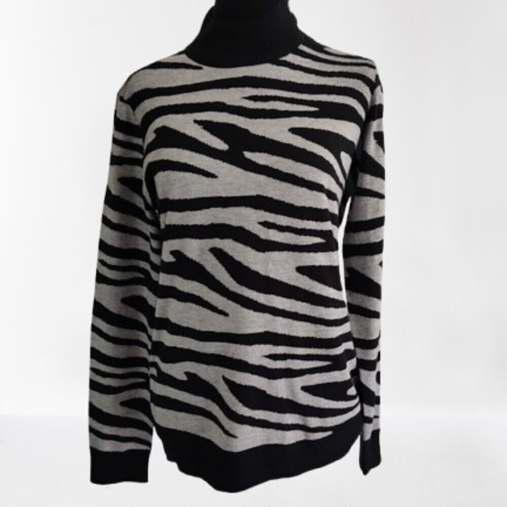 Calvin Klein Zebra Print Button Side Collar Women's Size Small Black & Gray